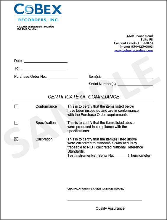 Cobex CoBex Recorders Certificate of Compliance